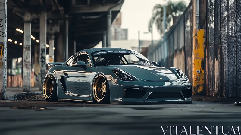 Low-slung Porsche coupe in moody industrial streetscape.