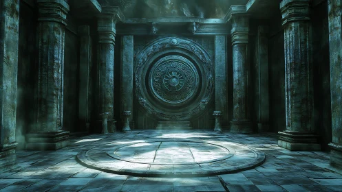 Ancient stone vault door waits in a misty, sacred chamber
