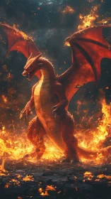 Charizard style fire dragon in blazing inferno scene.