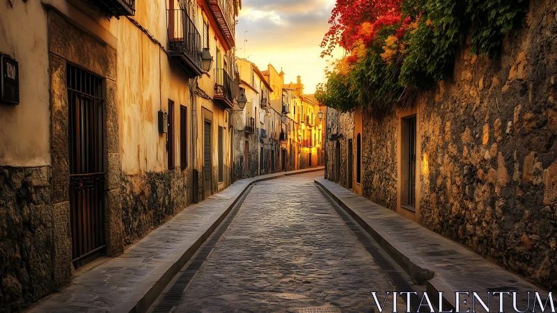 Golden-hour light spills along a quiet old stone street.
