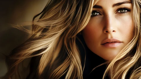 Close cropped portrait of woman with flowing blonde hair.