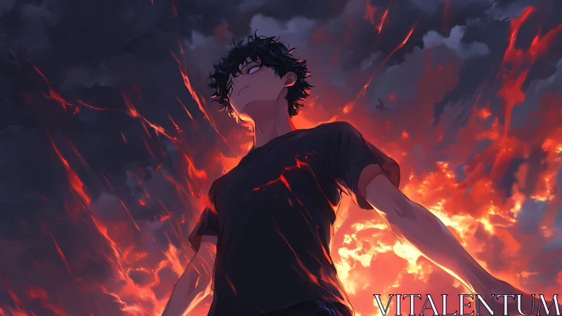 Volcanic sky convergence around empowered anime protagonist.