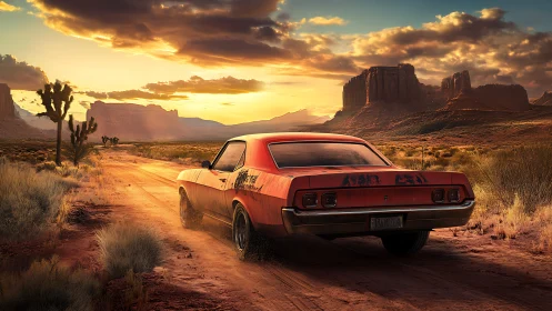 Sunlit muscle car roars along dusty road through desert mesas