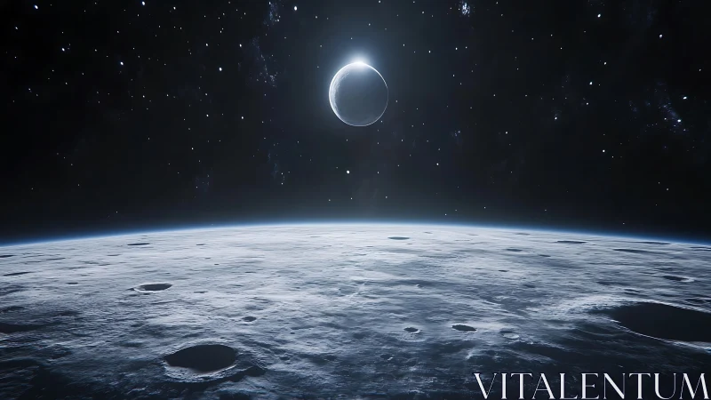 Silent moonlit horizon welcomes a calm cosmic morning