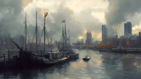 Harbor masts sketch twilight across a misty, modern skyline