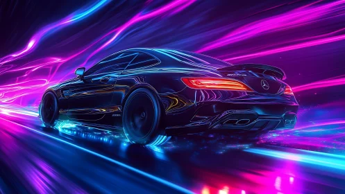 Neon highway ride sends a sleek sports car racing into light