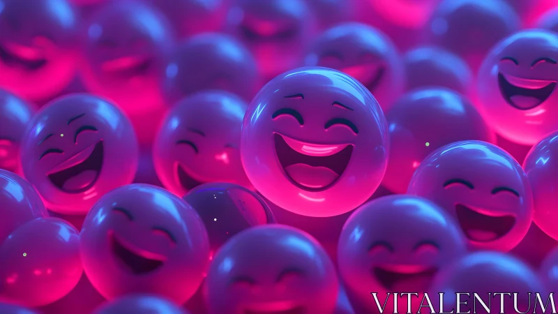 Vibrant 3D Happy Emojis in Neon Pink Light, Digital Art Style.