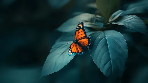 Monarch butterfly on teal foliage under soft bokeh light.