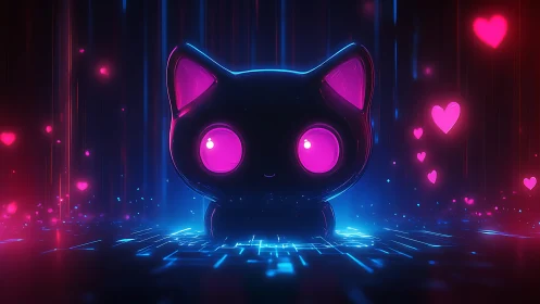 Neon cyber-kawaii cat idol glows in bi-chromatic matrix space