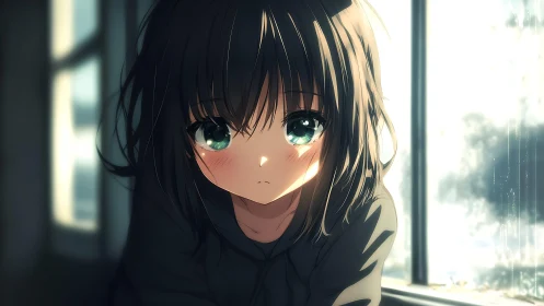 Windowlit anime girl with sea-glass eyes and quiet blush.