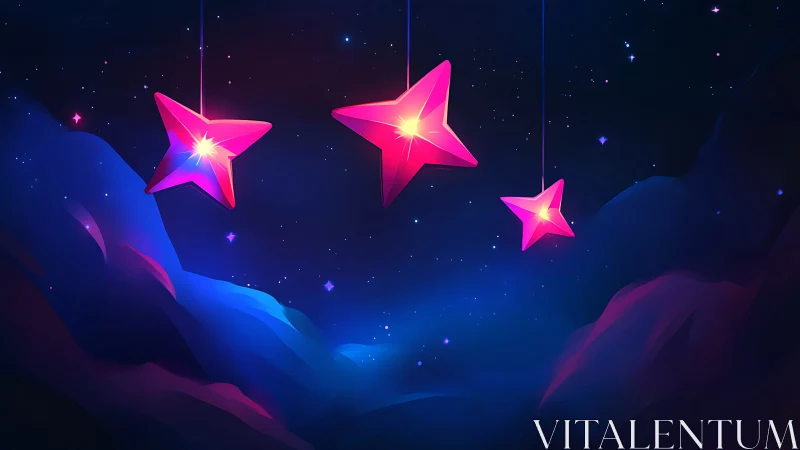 Suspended glowing pink star lanterns over stylized nebula valley