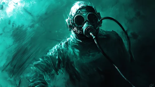 Solitary figure in respirator gear occupies a teal mist field