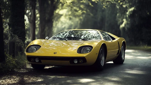 Yellow classic sports car is parked on a shaded forest road