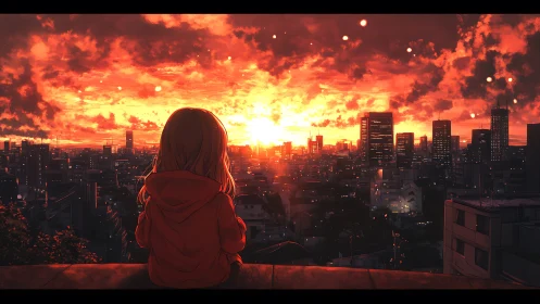 Solitary girl watching fiery anime sunset over cityscape.