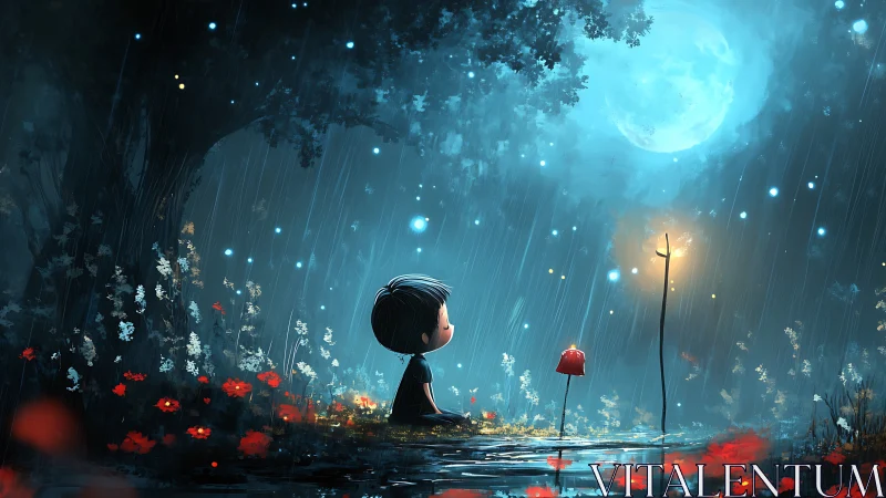 Child watches moonlit rain amid glowing forest pool