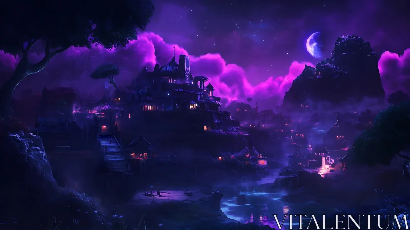 Lunar-illuminated river fortress under bioluminescent nebula sky.