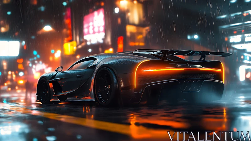 Midnight supercar glows against a neon soaked city street
