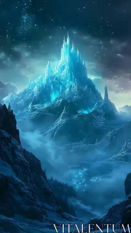 Glowing ice citadel crowns stormy frozen mountain range.