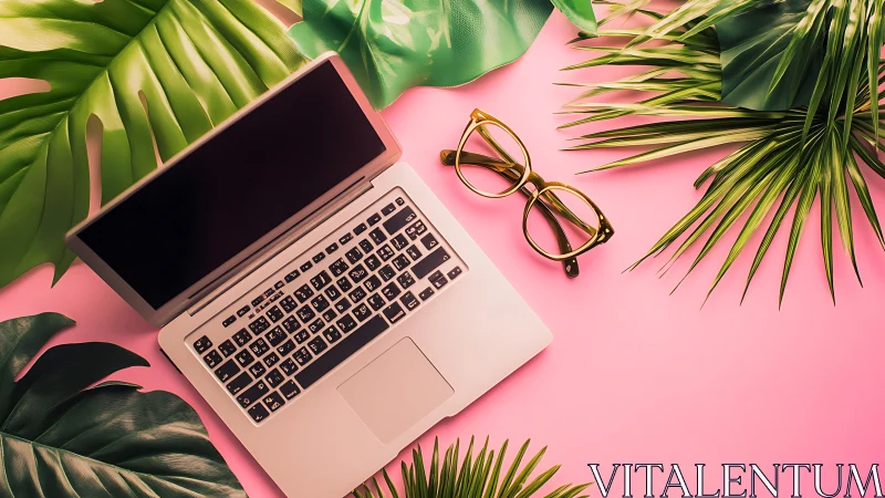 Laptop rests on pink desk with tropical leaves and glasses