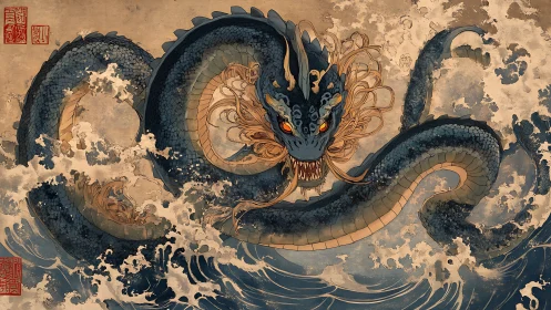 Mythic sea dragon coils through storm-torn indigo waves.