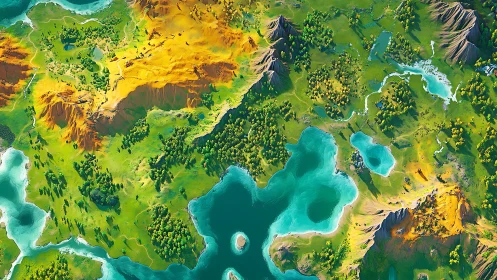 Luminous fantasy archipelago of emerald valleys and teal seas.