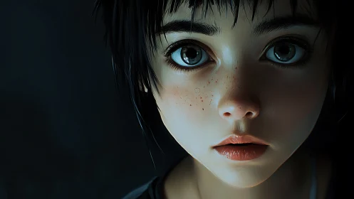 Digital portrait shows wide-eyed girl in moody close-up