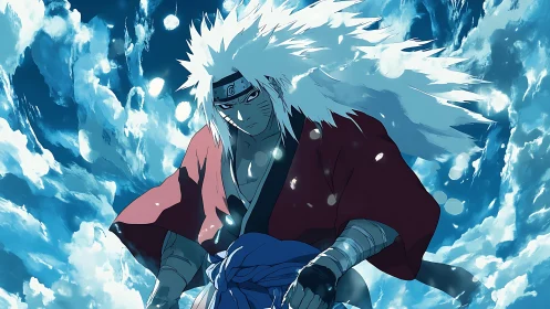 White haired anime warrior in red robe against blue sky.