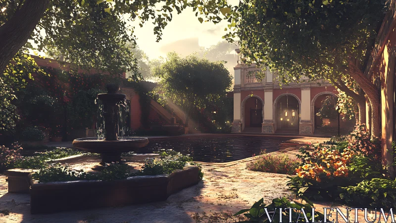 Sunlit courtyard fountain inviting a slow, peaceful pause.