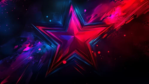 Neon red star bursts through dark cosmic paint streaks