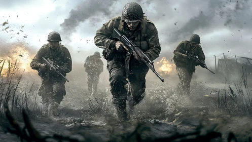 Storming battlefield advance amid explosions and mudflats.
