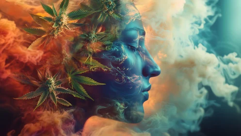 Female profile with cannabis leaves in colorful smoke.