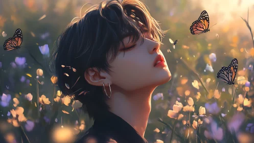 Serene androgynous figure amid glowing butterflies at dusk.