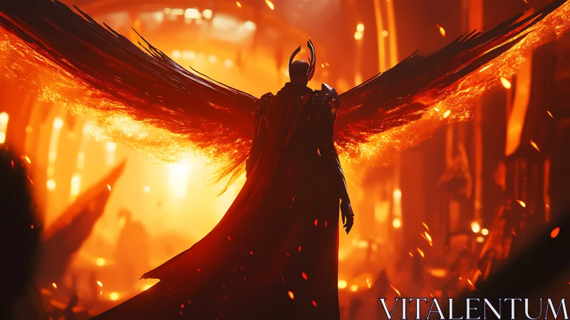 Backlit infernal angel rendered with volumetric firelit wings