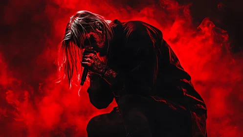 Red-lit vocalist kneels in smoke, captured mid-intensity.