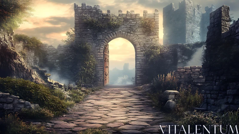 Weathered stone gate along cobbled path in diffuse dawn light.