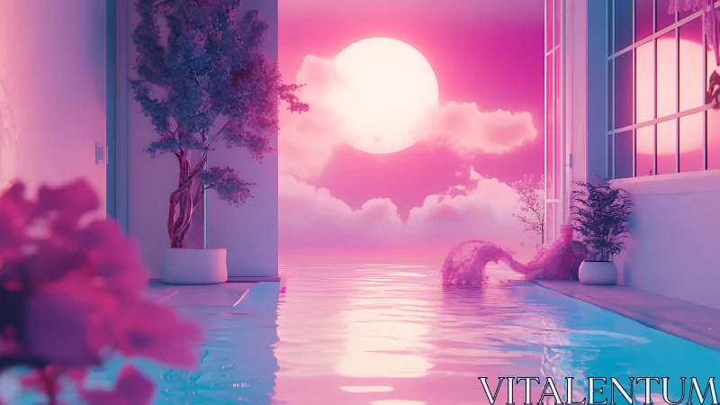 Chromatic indoor infinity pool under hyperreal magenta moon.