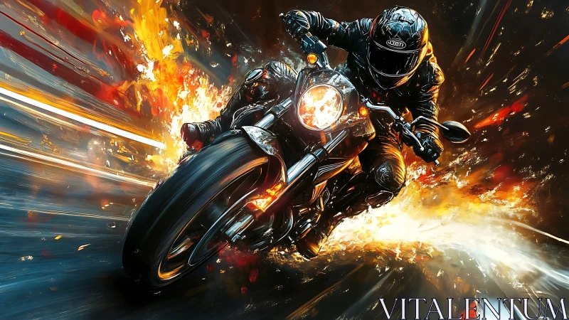Blazing night ride with a fearless motorcycle streaking forward.