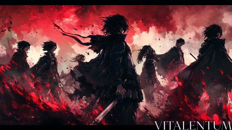 Storm of shadowed warriors walking through crimson dusk.