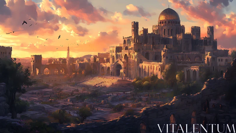 Sunlit fantasy citadel crowns a bustling ancient valley.