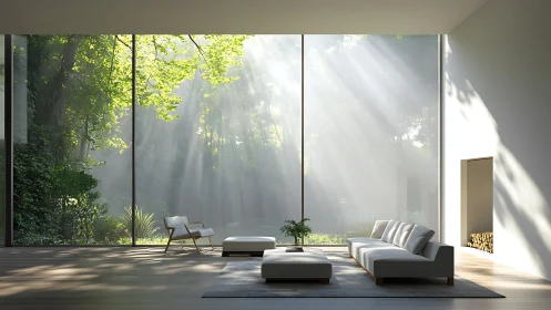 Daylit minimal living room integrates forest view via glazed wall