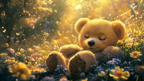 Sleepy teddy bear dreaming in a golden flower meadow.