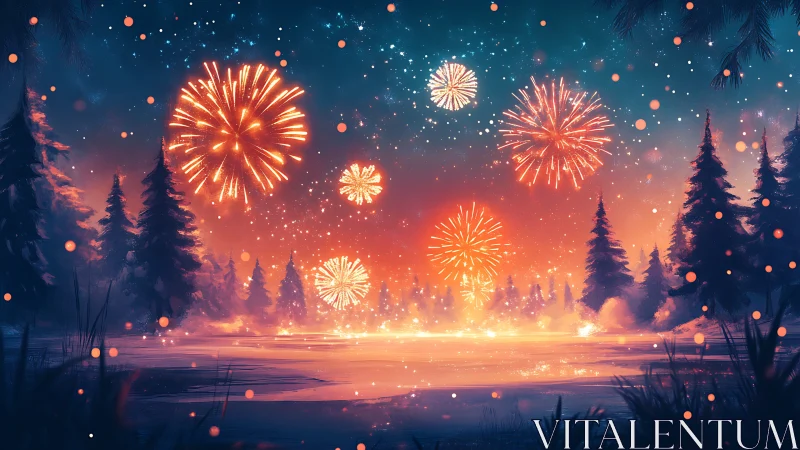 Winter fireworks glow above a softly frozen forest lake