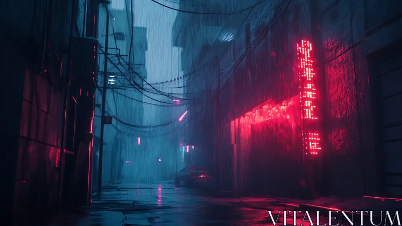 Moody neon alley glowing softly in the quiet evening rain.