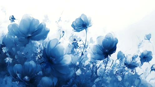 Blue cosmos flowers rendered with watercolor ink wash technique.