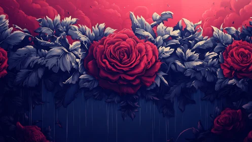 Red roses with blue foliage against gradient background.
