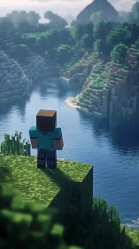 Blocky wanderer pauses above a shimmering voxel valley