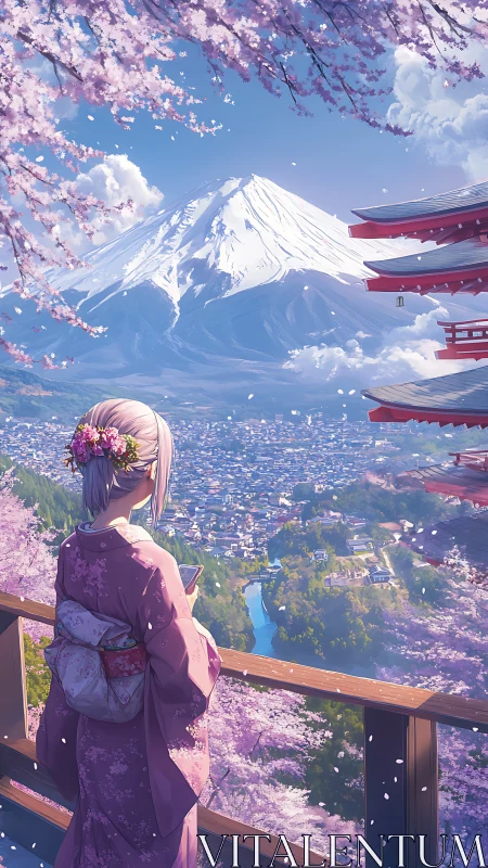 Kimono-clad figure viewing Mount Fuji amid cherry blossoms.