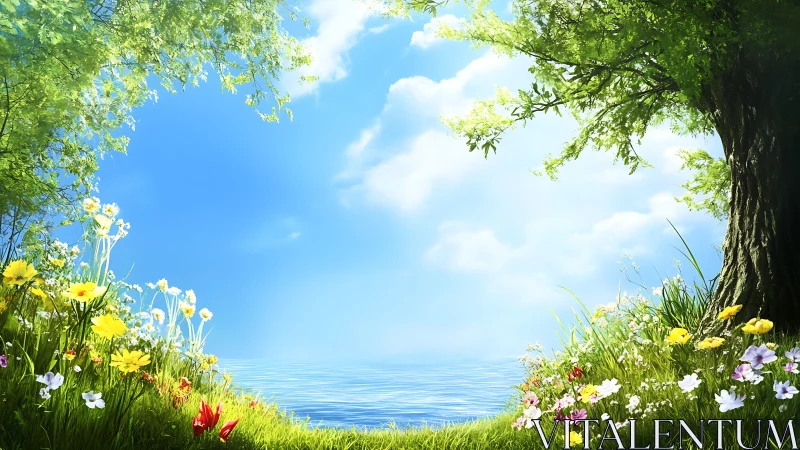 Gentle spring meadow opens onto calm, sparkling blue water