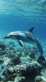 Solitary dolphin swimming above coral reef in clear water.