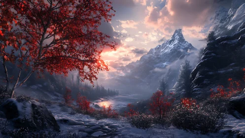 Snow-covered valley with red foliage under mountain light.